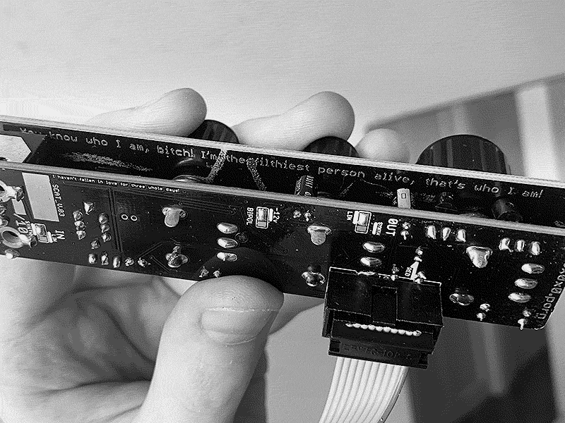 text on the pcb of 000 distortion saying you know who i am, im the filthiest person alive