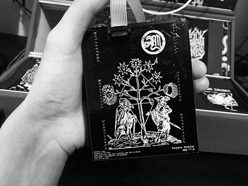 illustration and logo on the back of serpens modular ara